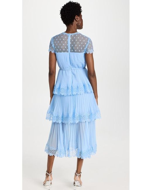Self-Portrait Blue Chiffon Tiered Midi Dress | Lyst