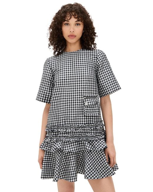 Ganni ■Crinkled Taffeta Check Open Back Mini Dress - Black Ganni Crinkled Taffeta Check Open Back Mini Dress in Black
