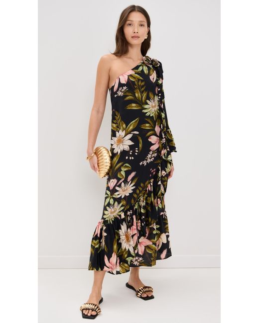 Farm Rio Black One Shoulder Ruffled Maxi Dress