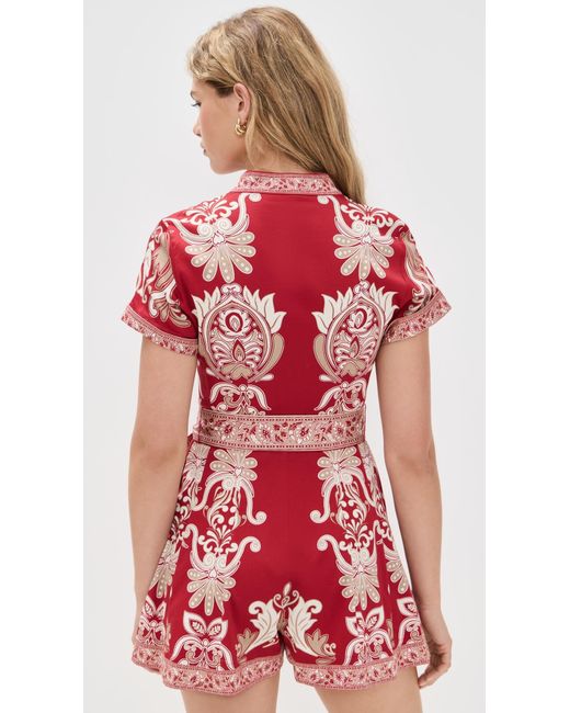 Alice + Olivia Red Lucy Roll Sleeve Button Down Romper