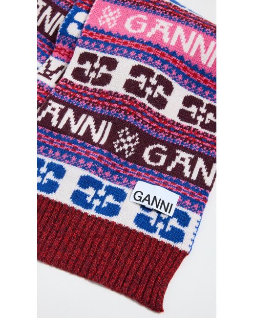 Ganni Red Graphic Wool Scarf