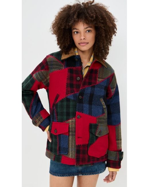 Polo Ralph Lauren Red Wool Patchwork Woven Coat