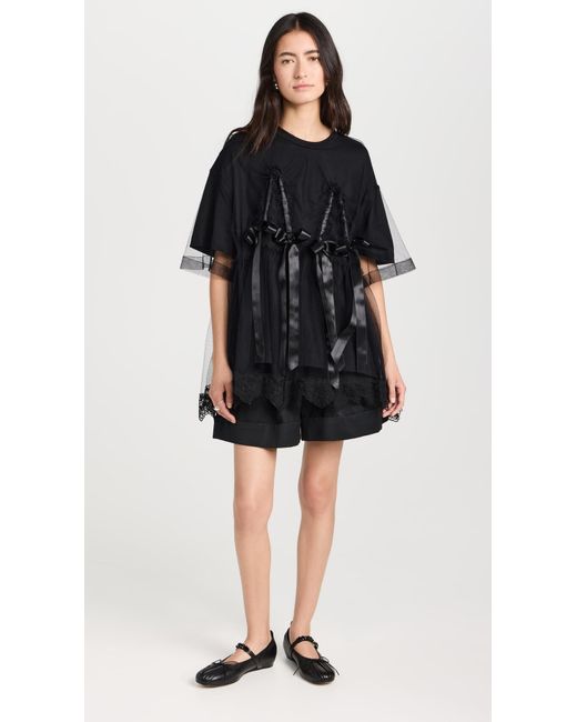Simone Rocha Black Ione Rocha Net Overlay T-hirt With Ruched Bow