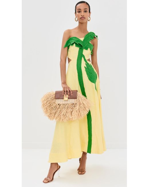 knee length dresses for ladies Yellow Embroidered Garden Tapestry Midi Dress  FARM Rio