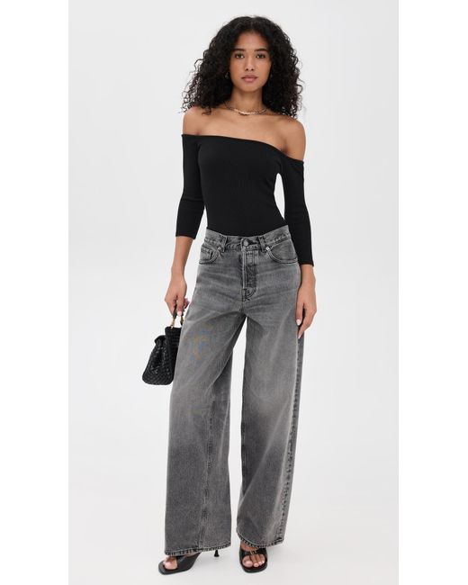L'Agence Black Evelyn 3/4 Off Shoulder Thong Bodysuit
