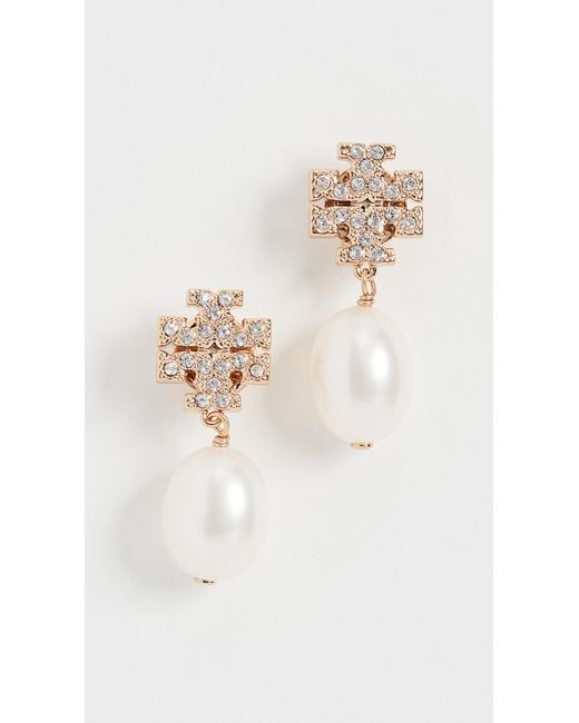 Tory Burch Kira Pave Pearl Drop Earrings in Natural Lyst