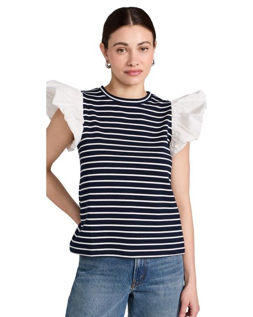 English Factory Blue Englih Factory Tripe Knit With Poplin Puff Leeve Top