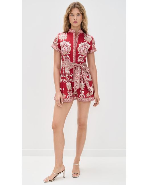 Alice + Olivia Red Lucy Roll Sleeve Button Down Romper
