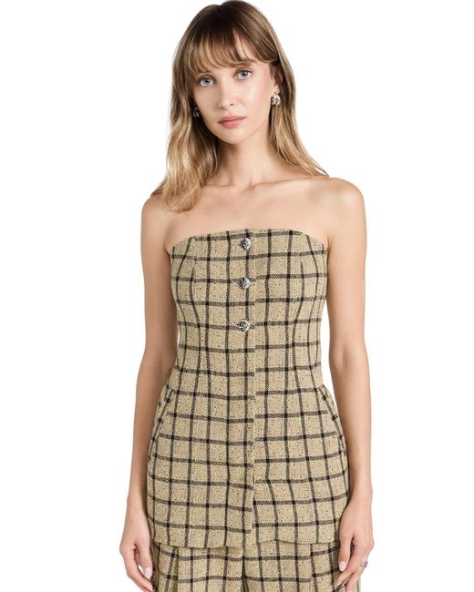Ganni Brown Check Suiting Strapless Top