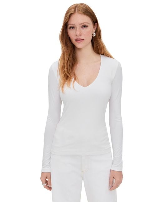 James Perse White Stretch Rib Double Front Deep V Tee