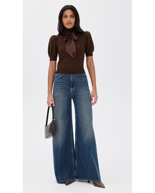 Alice + Olivia Red Chase Puff Sleeve Ruffle Neck Sweater