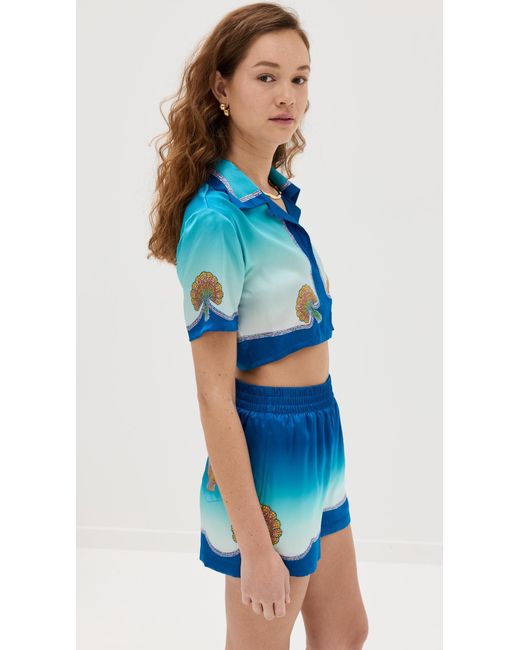 Casablancabrand Blue Cuban Collar Cropped Silk Short Sleeve Shirt