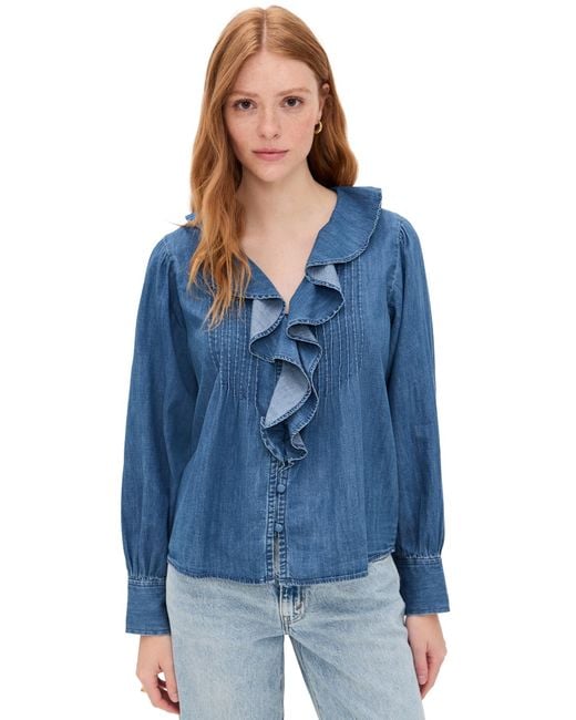 Madewell Blue Denim Ruffled Pintuck Top
