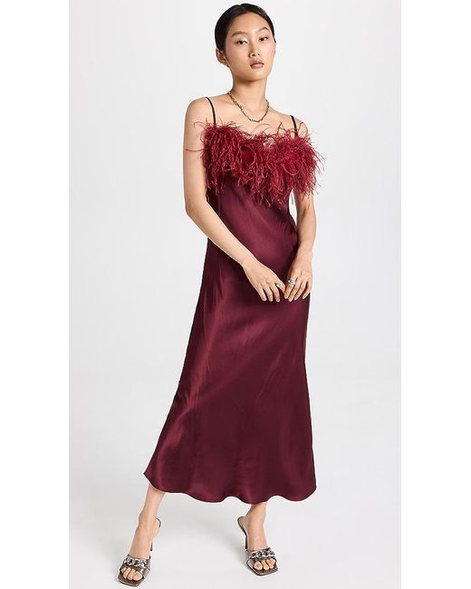 Sleeper Red Boheme Slip Dress With Feathers