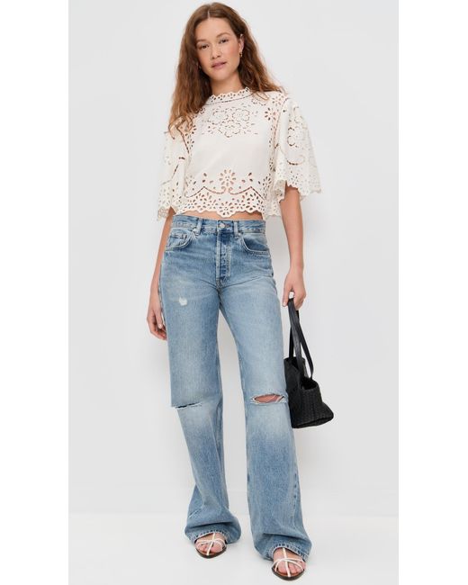 Sea White Lula Embroidery Short Sleeve Top