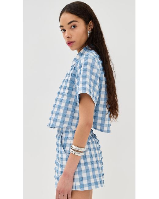 Jonathan Simkhai Blue Solange Short Sleeve Cropped Shirt