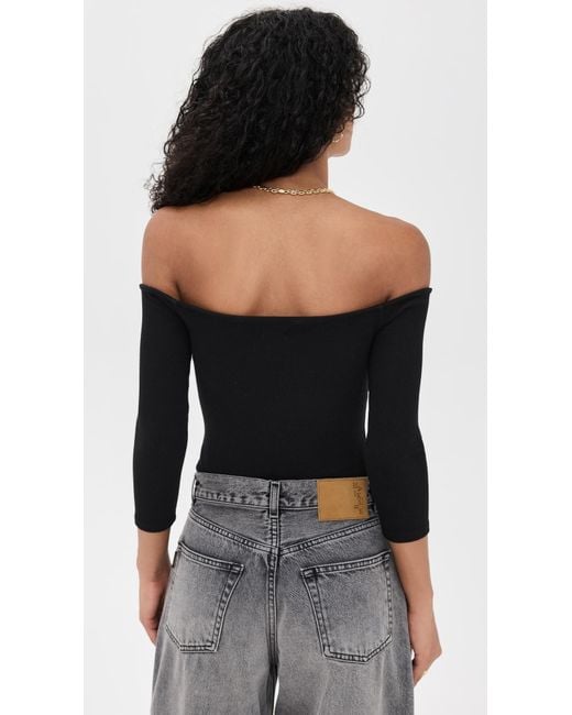 L'Agence Black Evelyn 3/4 Off Shoulder Thong Bodysuit