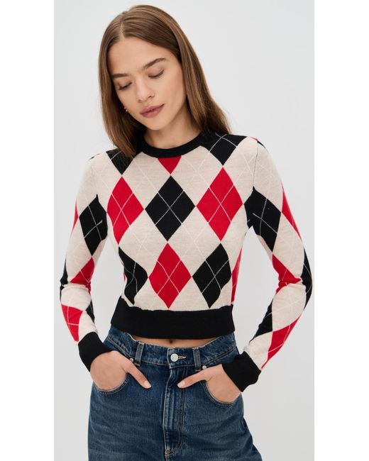 Alice + Olivia Red Carolann Argyle Pullover With Woven Collar
