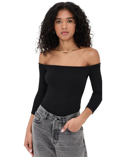 L'Agence Black Evelyn 3/4 Off Shoulder Thong Bodysuit
