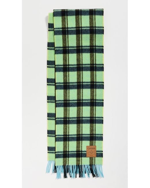 Ganni Double Face Wool Check Scarf in Green | Lyst