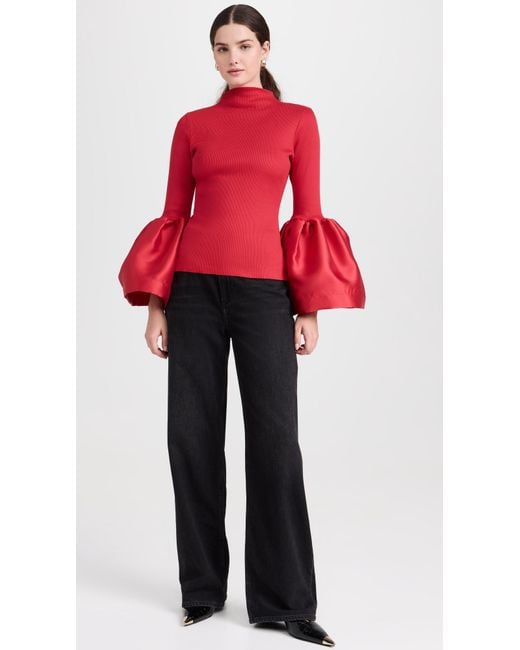 Marques'Almeida Red Heavy Satin And Rib Jersey High Neck Long Sleeve Top With Puff Sleeves