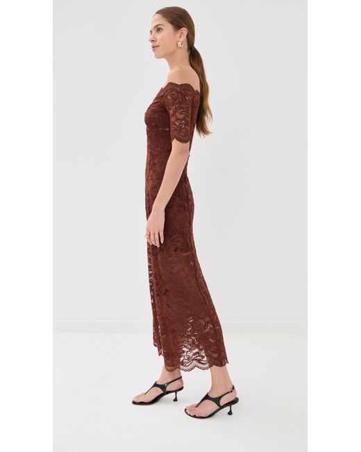 self portrait off shoulder fine lace maxi dress Burgundy Off Shoulder Gathered Lace Maxi Dress  self-portrait-US