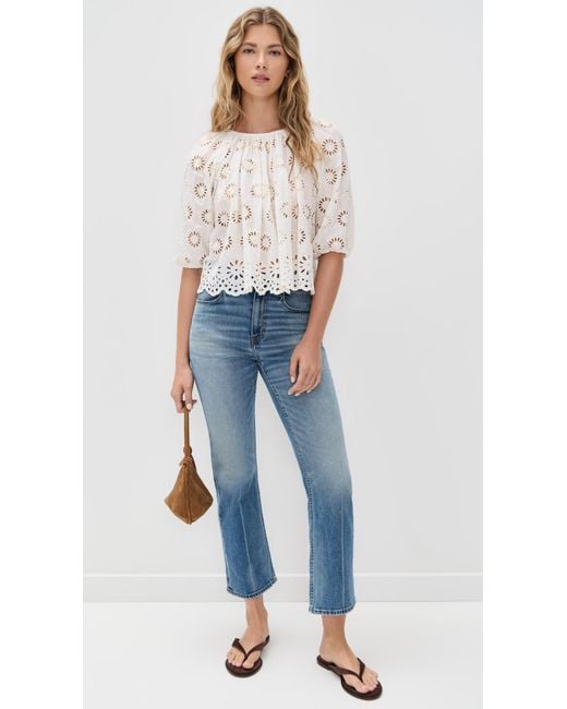Madewell White Embroidered Shirred Puff-Sleeve Top
