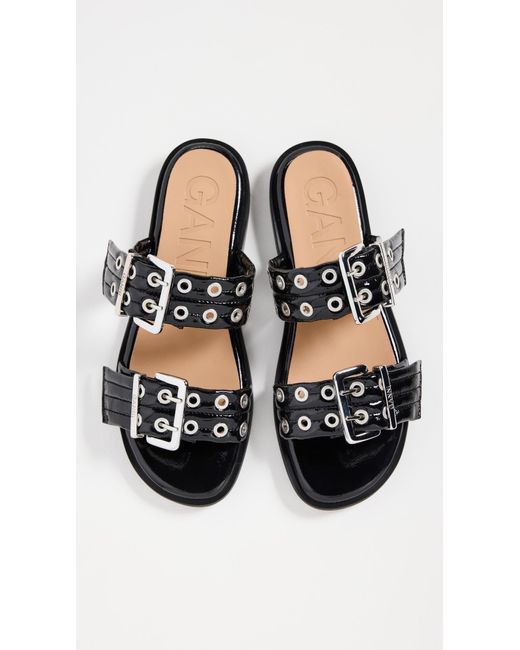 国内発送☆GANNI☆Feminine Buckle Two Strap Sandal Naplack/BL Black Black Feminine Buckle Two-Strap Sandals | GANNI US