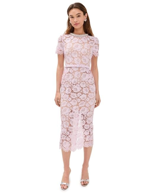 Self-Portrait Fine Lace Pearl Midi Dress in Pink | Lyst