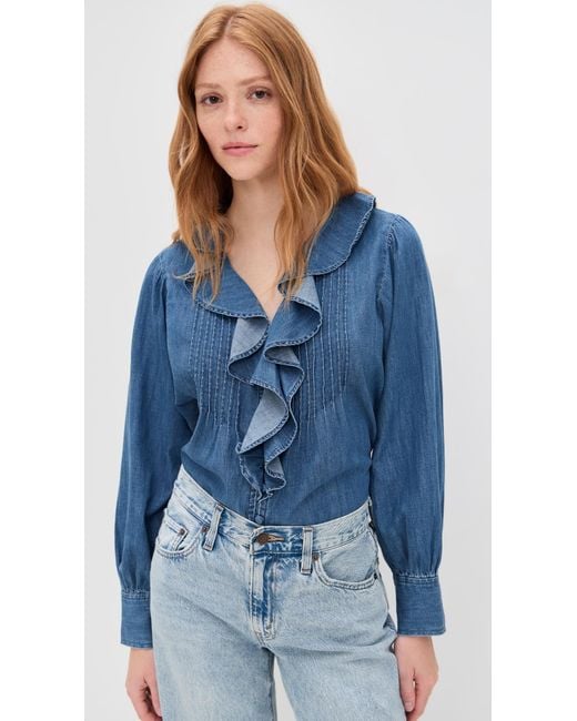 Madewell Blue Denim Ruffled Pintuck Top