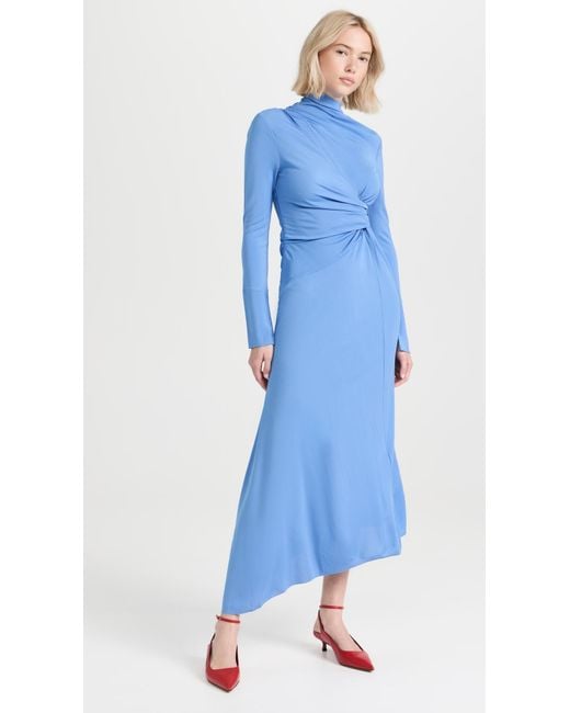 Victoria Beckham Blue High Neck Asymmetric Draped Dress