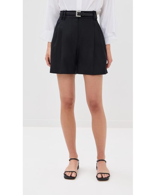 Another Tomorrow Black Solid Linen Pleated Shorts