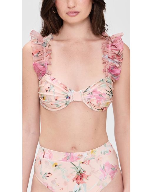 PATBO Pink Lily Flower Flutter Sleeve Bikini Top