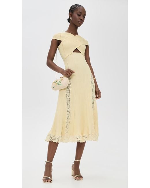Self-Portrait Knit Lace Insert Midi Dress in Natural | Lyst Self-Portrait Knit Lace Insert Midi Dress in Natural | Lyst