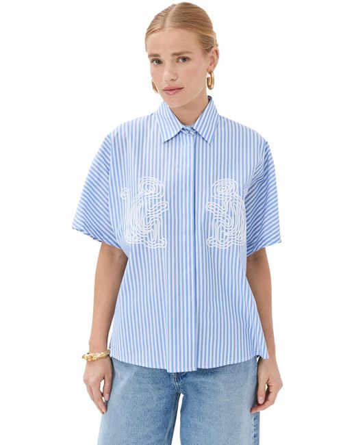 Stella Jean Blue Short Sleeved Striped Shirt With Embroidery