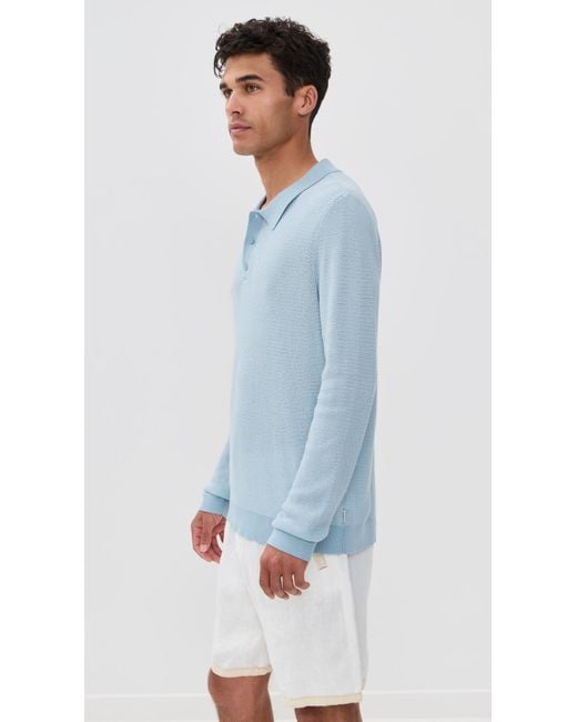 Onia Blue Cotton Textured Knit Long Sleeve Polo for men
