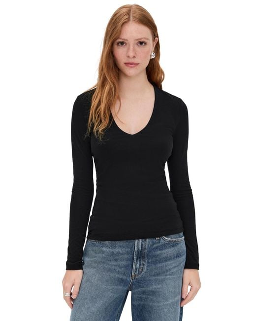 James Perse Black Stretch Rib Double Front Deep V Tee
