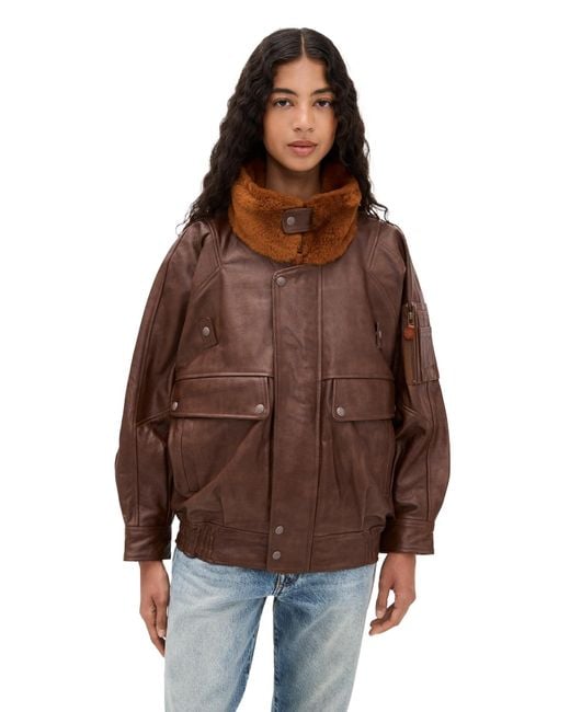 R13 Brown Leather Flight Jacket With Shearling Collar