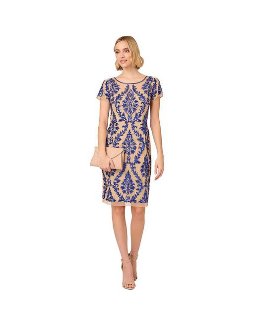 Adrianna Papell Blue Embellished Mesh Inset Cocktail And Party Dress