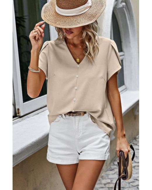 TRUEDAMES Natural Solid Button Trim V Neck Loose Fit Blouse