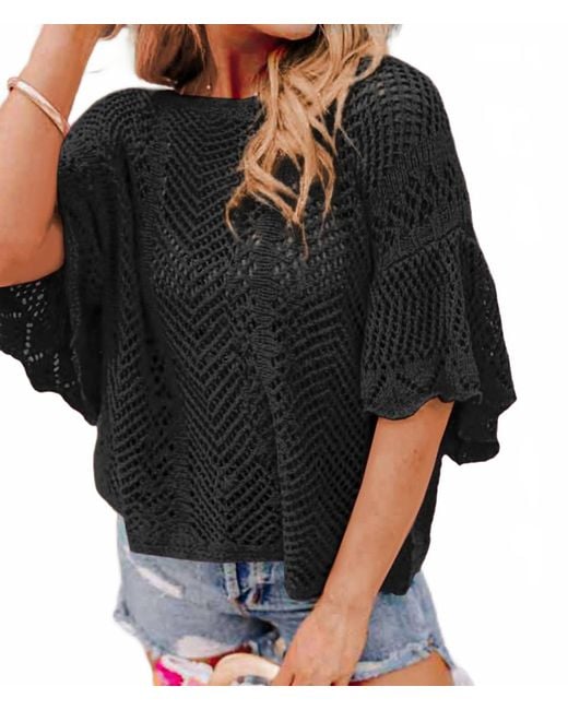 Shewin Black Pointelle Knit Oversized Top