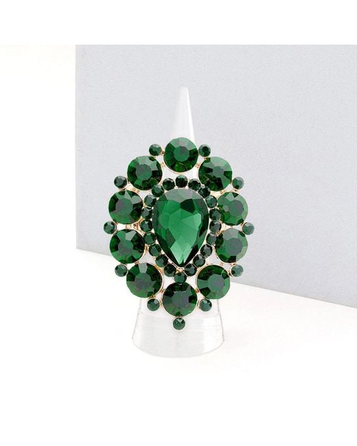 Fashnzfab Green Rhinestone Crystal Cluster Teardrop Stretch Ring