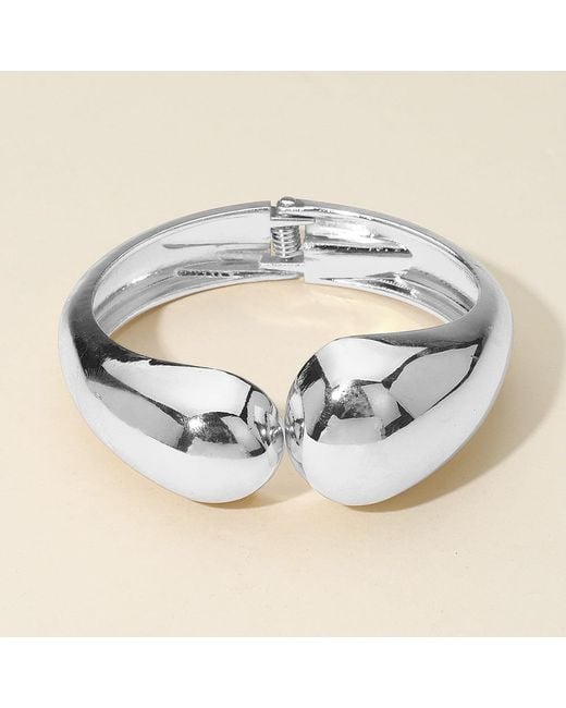 Fashnzfab Metallic Bold Metal Sculptural Hinged Bangle Bracelet Rhodium