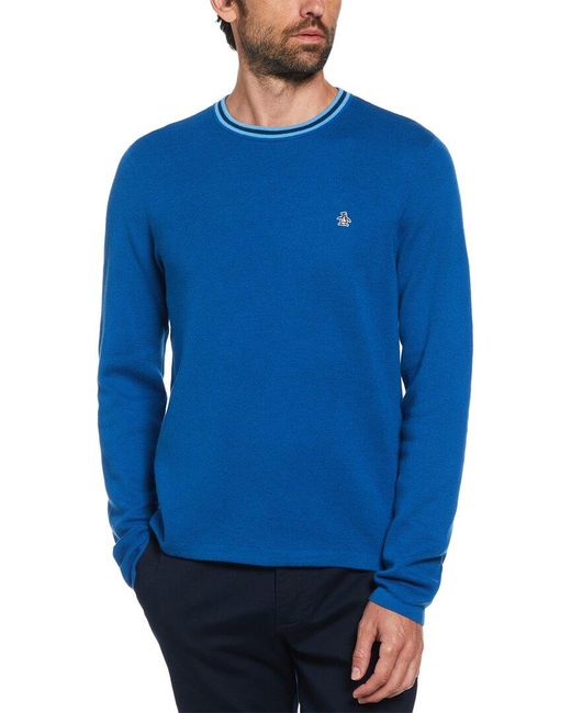 Original Penguin Blue Cotton Tipped Collar Sweater for men