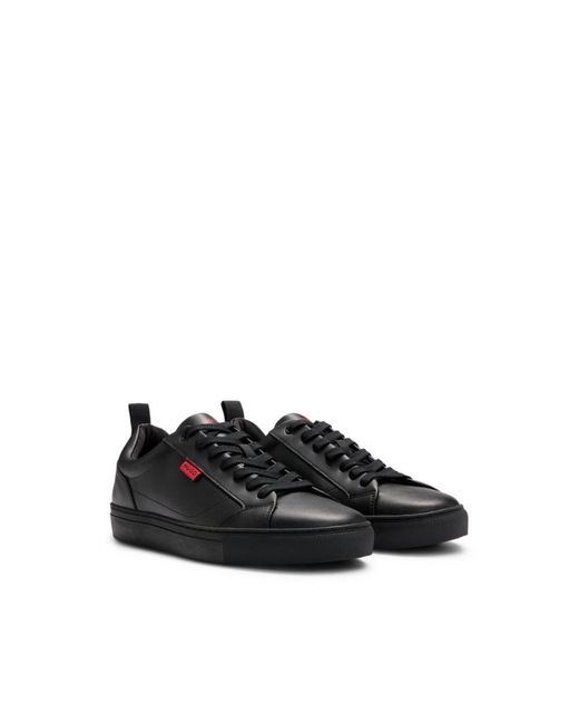 HUGO Black Faux-Leather Trainers With Logo Flag for men