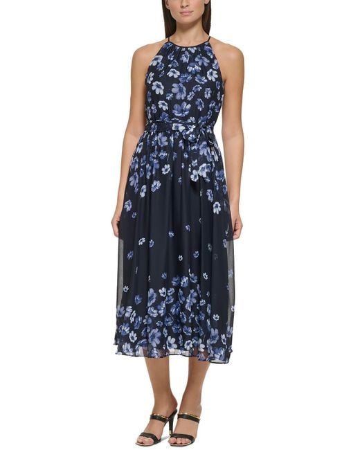 DKNY Blue Chiffon Floral Midi Dress