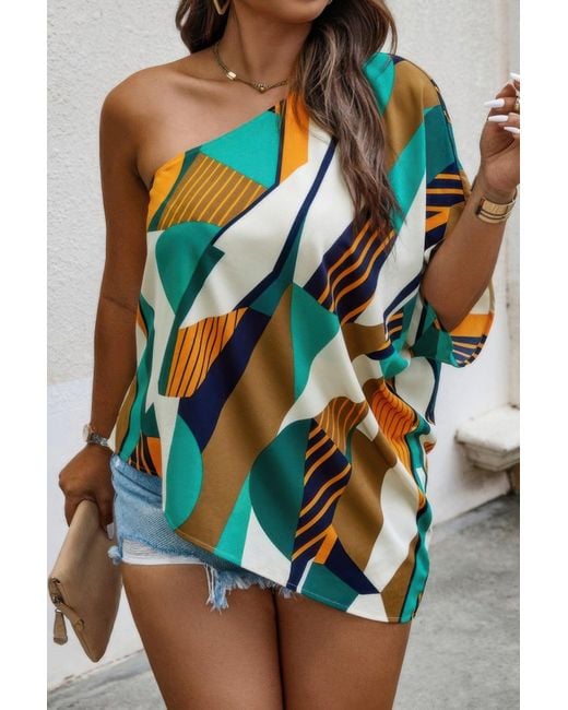 TRUEDAMES Multicolor Plus Size One Shoulder Asymmetrical Hem Blouse