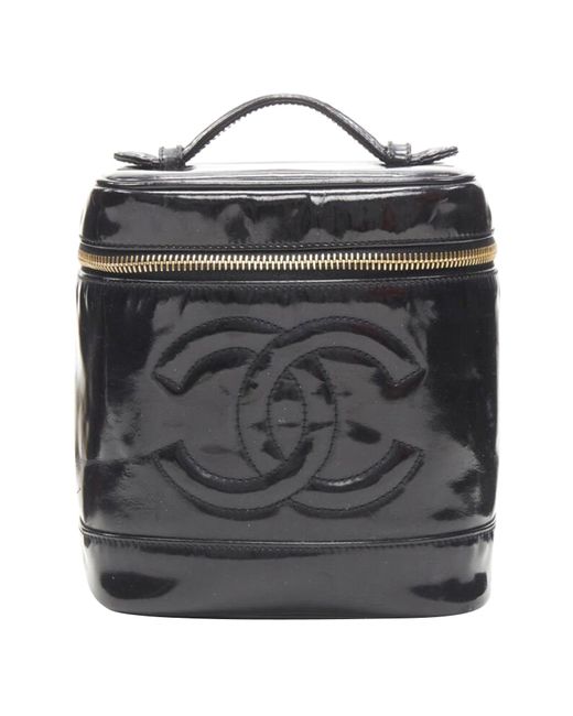 Chanel Black Vintage Patent Leather Cc Logo Top Handle Vanity Bag