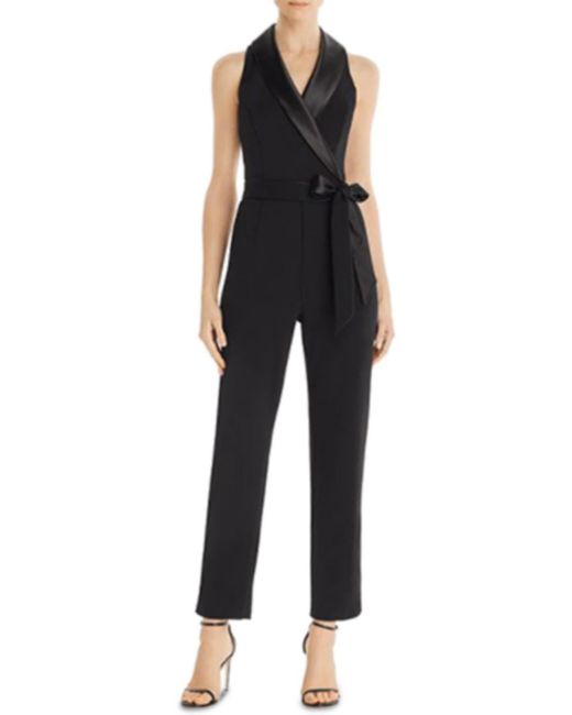 Adrianna Papell Black Notch Collar Belted Jumpsuit