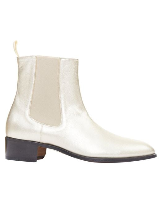 Tom Ford White Metallic Light G Leather Cuban Heels Chelsea Ankle Boots for men